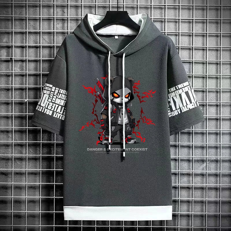2024 Men's Sweatshirts Korean Fashion Harajuku Streetwear Short Sleeve Hoodies Men Summer Men Clothing Print Cartoon Hoodies Men