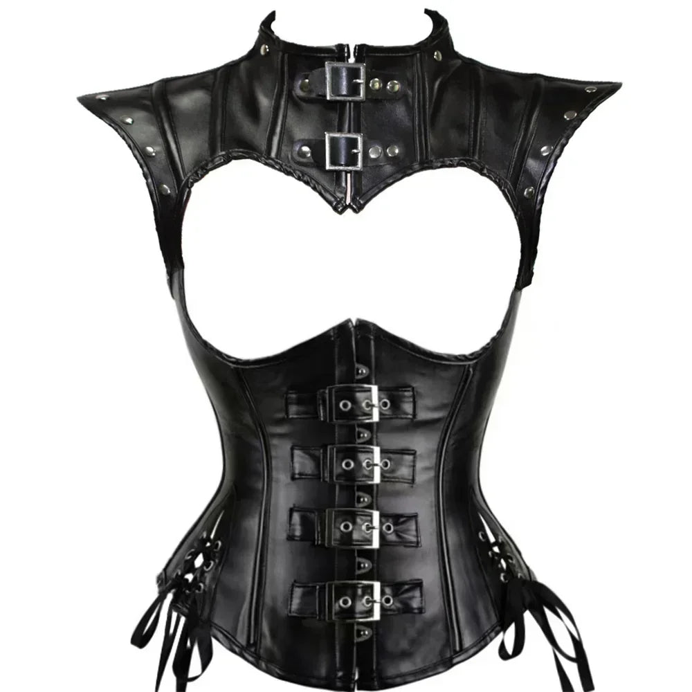 Faux Leather Corset Set Women's Steampunk Gothic Cosplay Game Armor Outfit Sexy Bustier Tops Nightclub Rave Costume