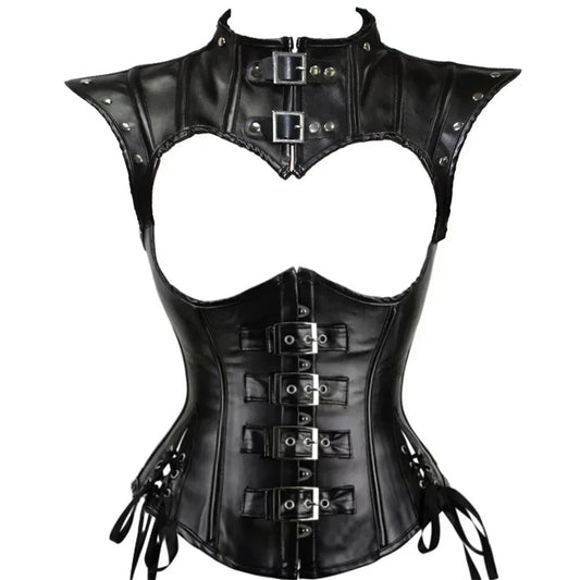 Faux Leather Corset Set Women's Steampunk Gothic Cosplay Game Armor Outfit Sexy Bustier Tops Nightclub Rave Costume