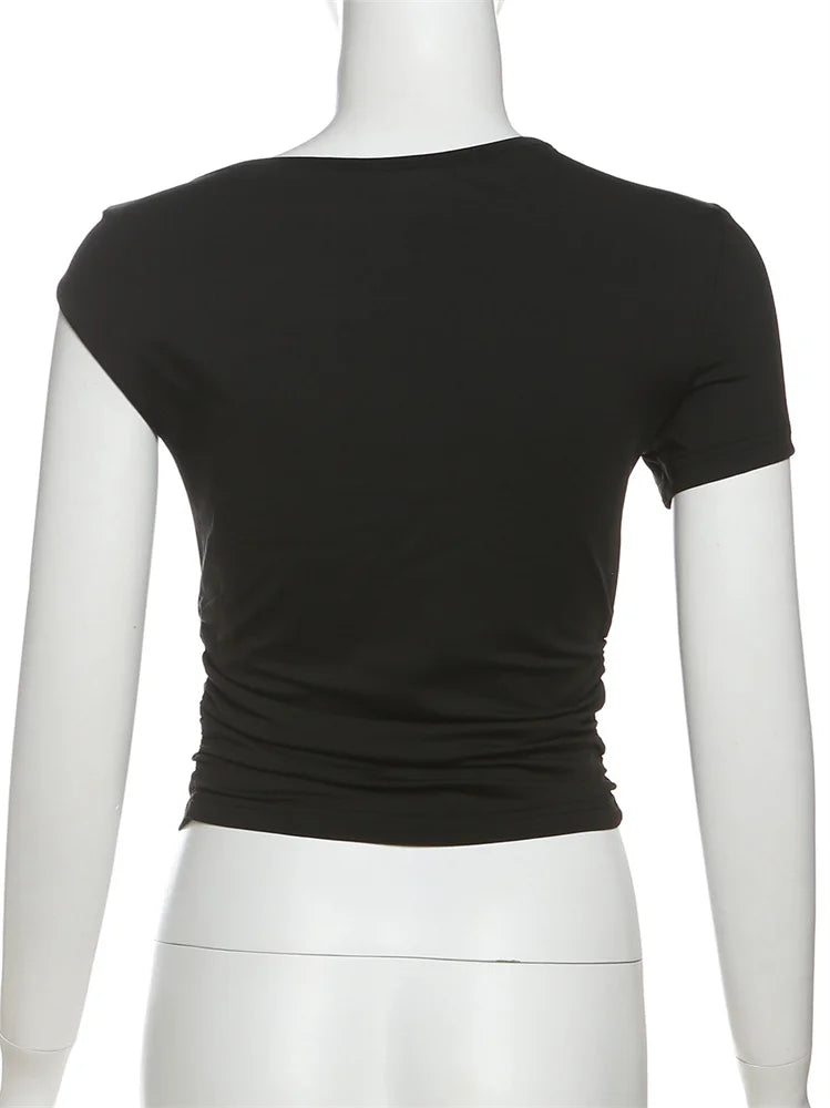 Weird Puss Irregular Off Shoulder T-Shirts Women Ruched Fashion Skew Collar Single Sleeve Daily Casual Solid Simple Streetwear