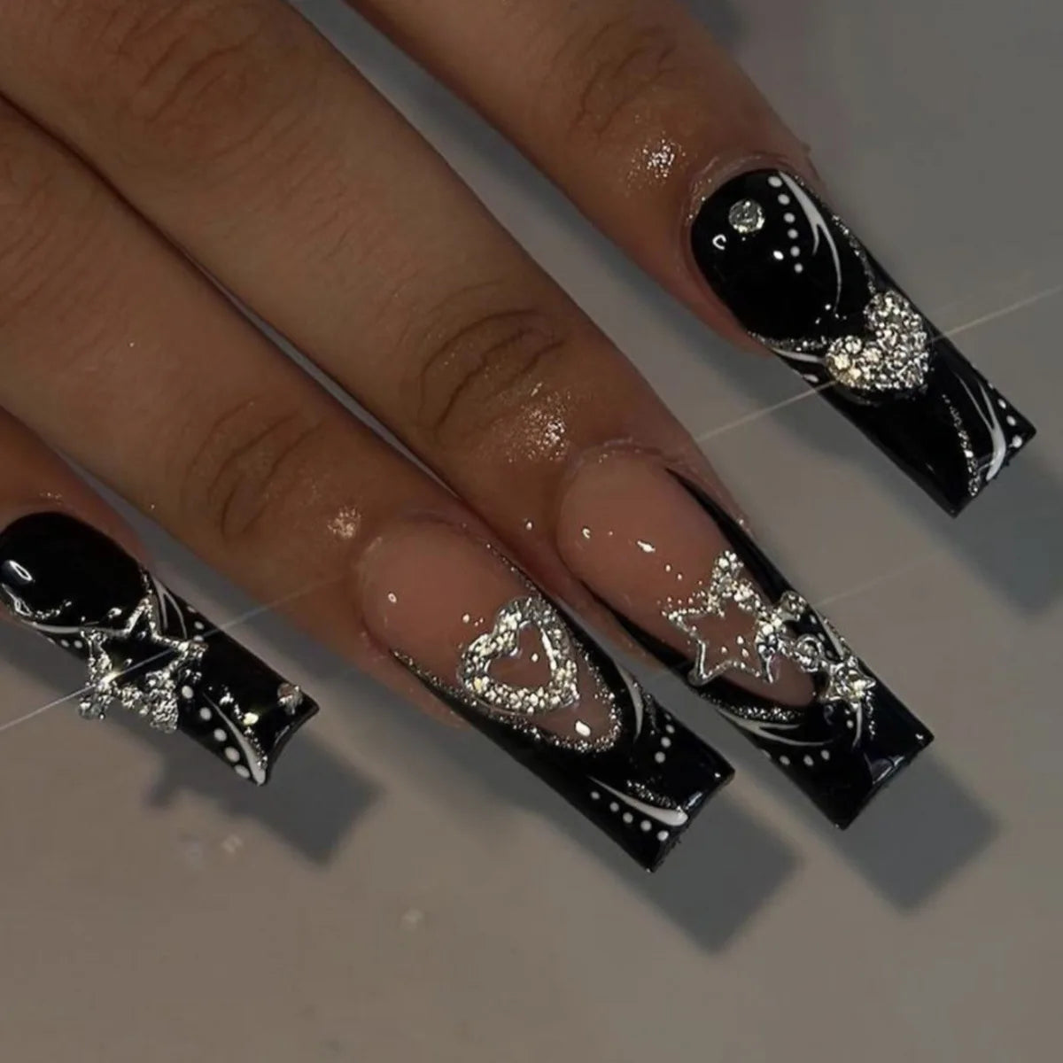 24Pcs Long Square Press on Nails Leopard Print French 3D Cherry Design False Nail Rhinestone Wearable Full Cover Fake Nails Tips