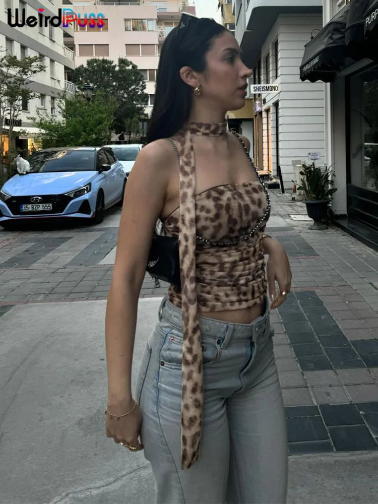 Weird Puss Leopard Print Crop Tops Woman Summer Strapless Ruffles Scarf Collar Trend Sexy Party Wild Chic Clubwear Skinny Vest