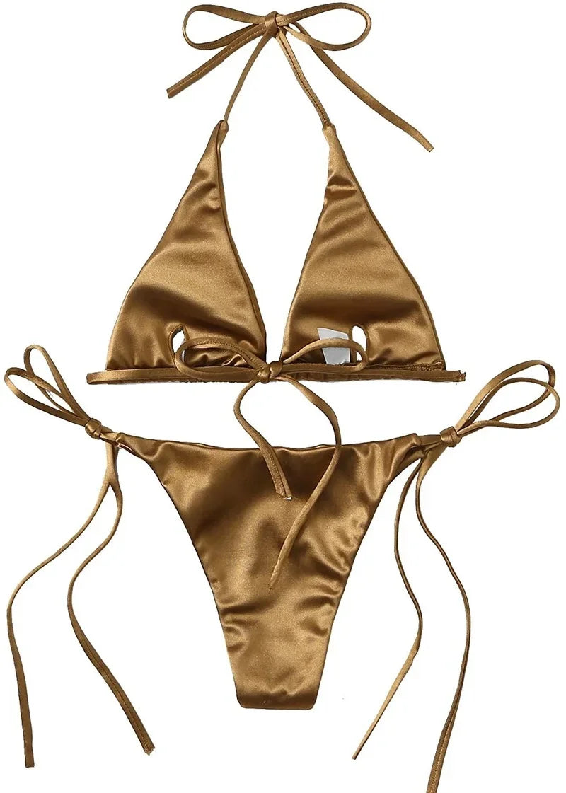Halter Brazilian Metallic Satin Bikini  Swimwear, Swimsuit Two-pieces Bikini Set High Cut Bathing Suit Swim Beachwear