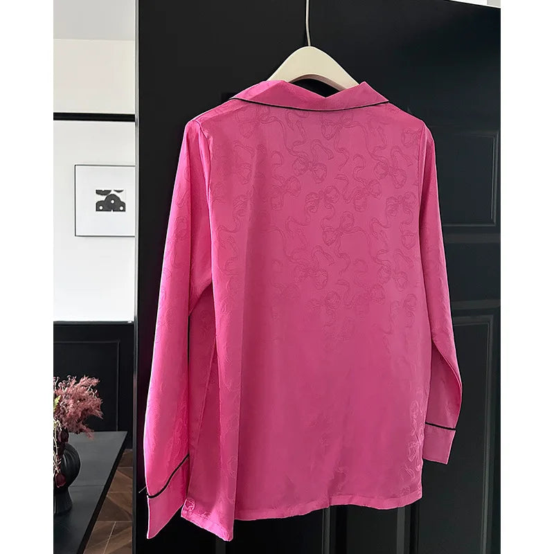 Hot Pink Bow Print Top&pant Loose Homewear Lady Casual 2Pcs Outfit Pijama Mujer Ice Silk Sleepwear Spring Autumn New Pyjamas