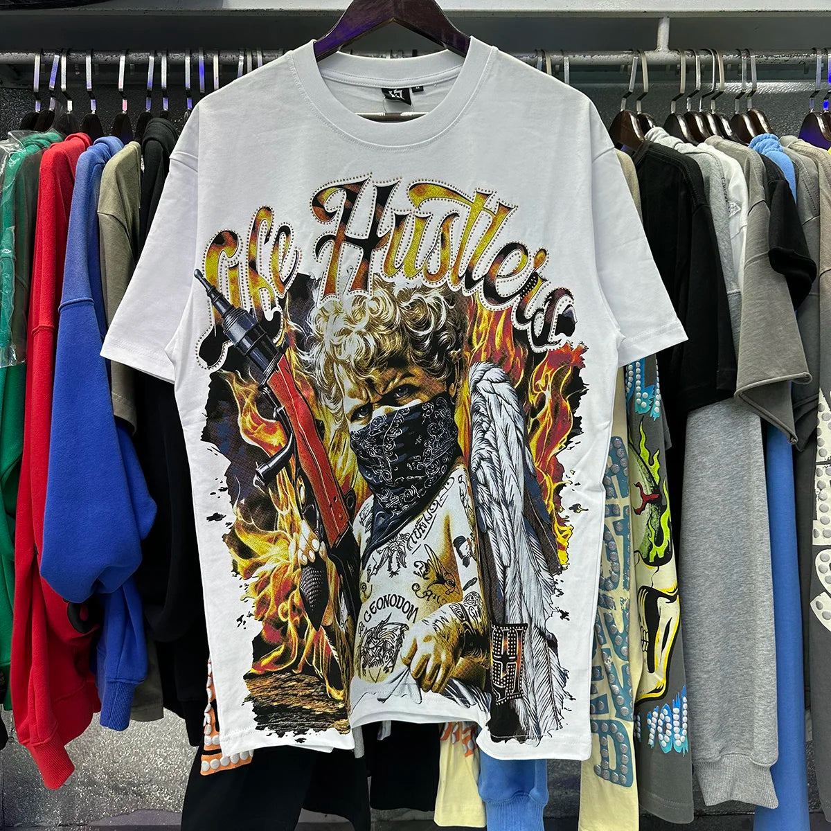 Praying Angel Shinning Diamond Cotton Short Sleeve Tshirts for Men and Women Crew Neck Loose Summer T-shirt Oversized Tees