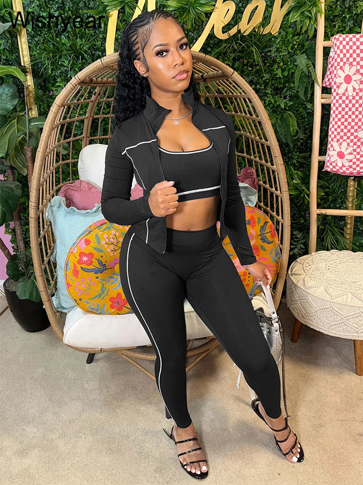 Sports Women's Stripe Pink 3-Piece Pants Set Long Sleeve Crop Top Tank Leggings Skinny Autumn Active Fitness Streetwear Outfits