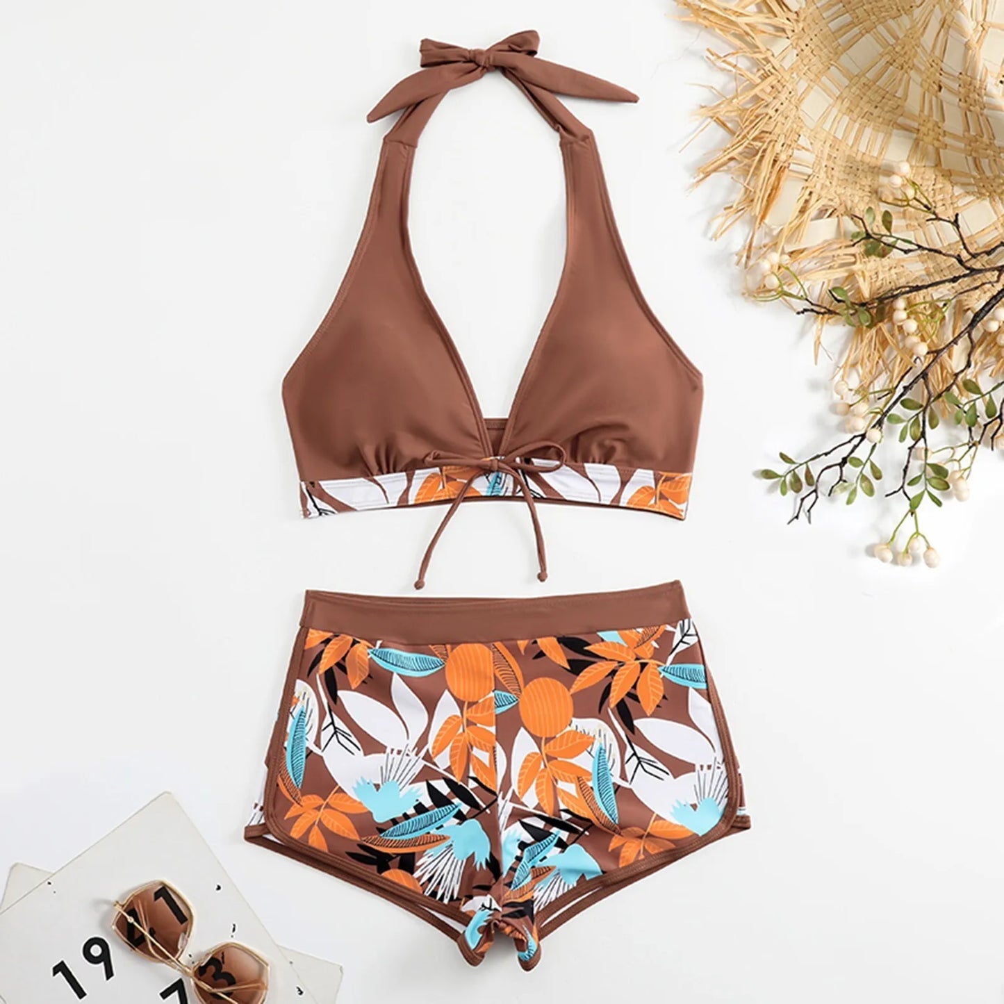 Shorts Bikinis Set  High Waist Swimsuit Women Swimwear  Plant Print Bathers Bathing Swim Suit Beachwear