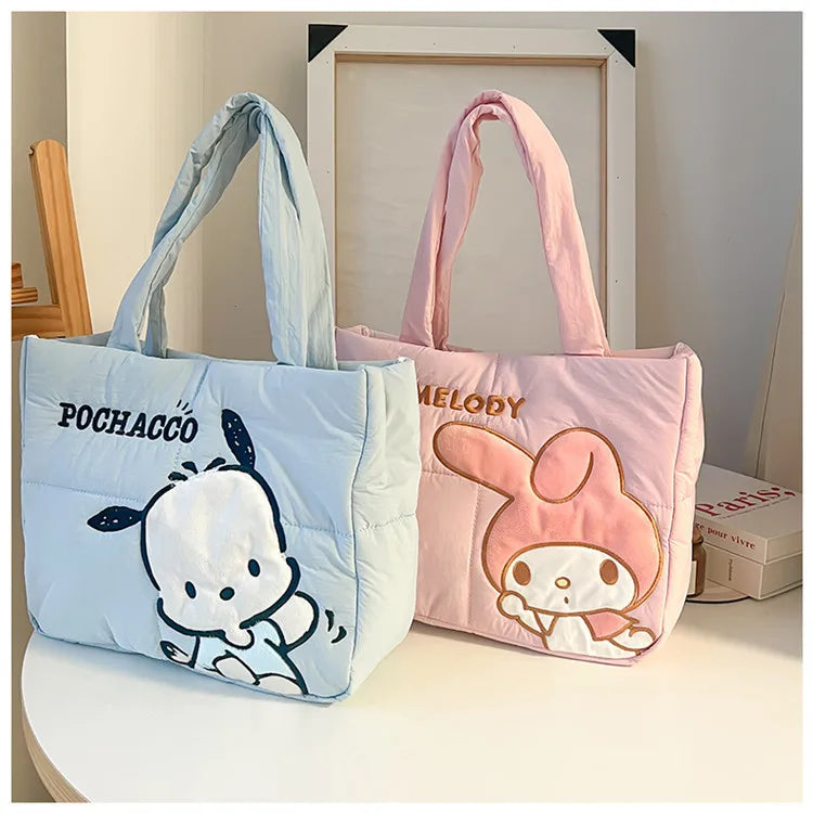 Sanrio Kawaii Hello Kitty Kuromi Tote Bags Cute My Melody Pochacco Cartoon Down Cotton Large Capacity Shoulder Bag Gifts Girls