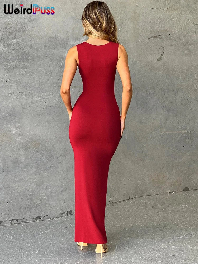 Weird Puss Solid Maxi Dress Woman Summer Sexy Sleeveless Low Chest Simple Elegant Smooth Fashion Party Evening Skinny Vestidos