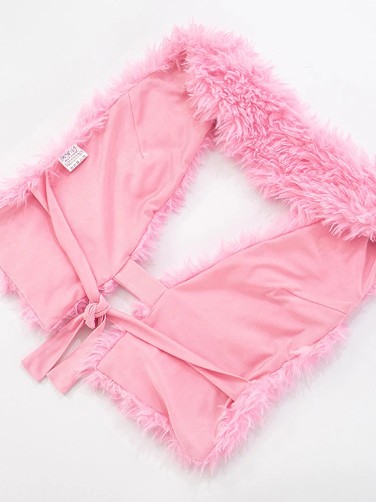 Kricesseen Cute Girls Furry Crop Top And Legging Suits Set Pink Outfits, Tie-Back Biker Shorts Set Night Clubwear Overalls