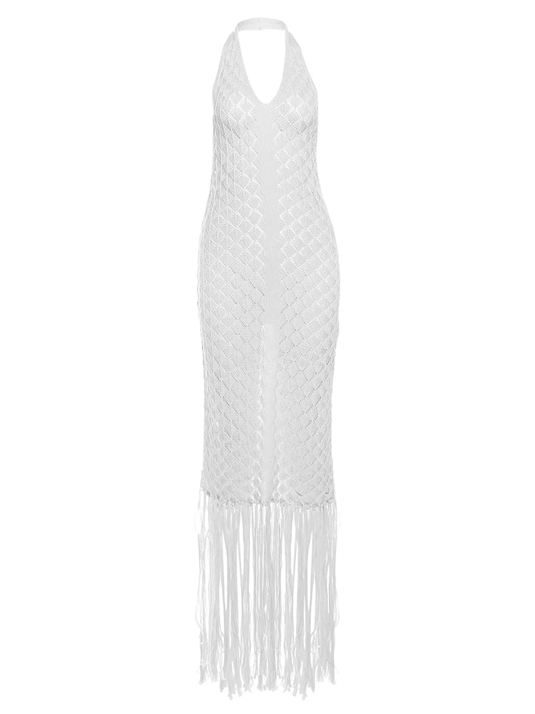 Wired Puss Backless Halter Dress Women Sexy Summer Deep V-Neck Hollow Tassel Solid Patchwork Slim Midnight Party Club Vestidos