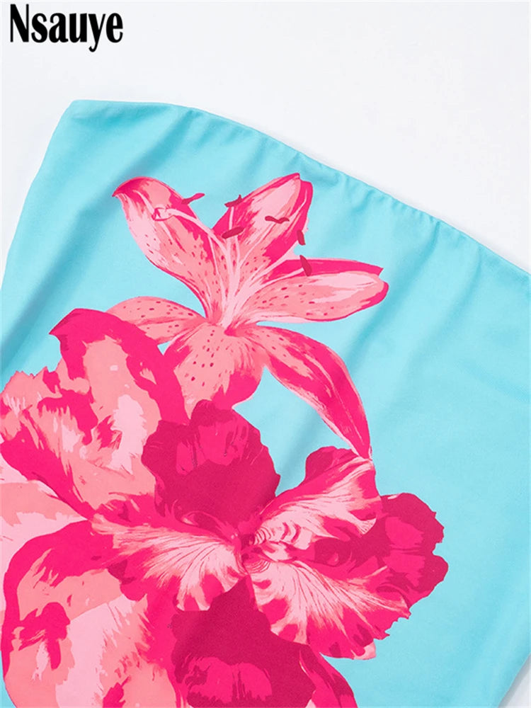 Nsauye 2025 Fashion Women Summer Y2K Clothes Skinny Floral Print Mini Tube Tank Tops Sleeveless Sexy Club High Street Crop Tops