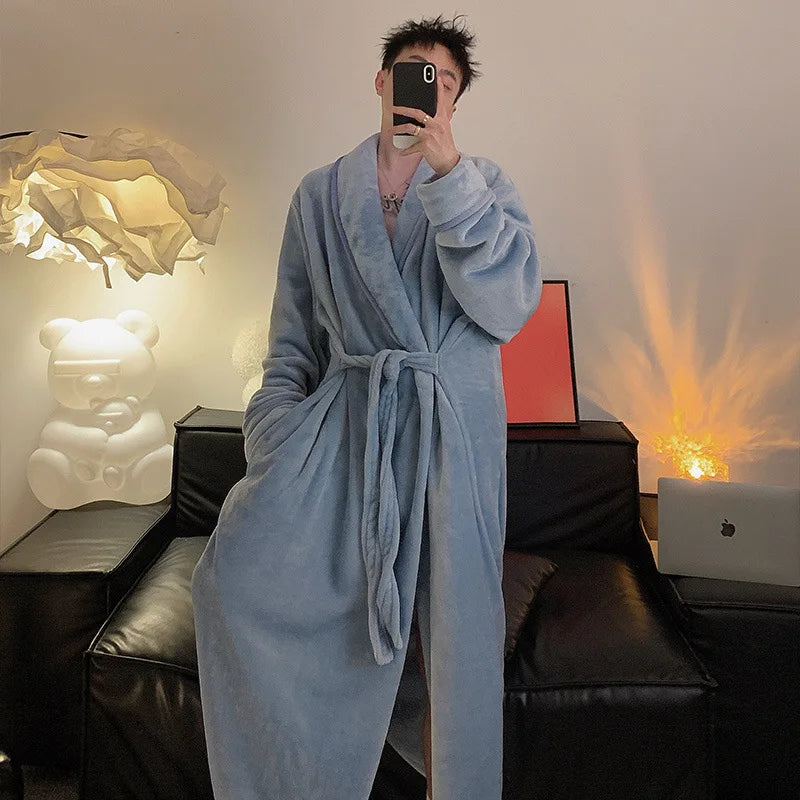 Large Size 150kg Men's Bathrobe Pajamas Winter Thickened Collar Fleece Long Hotel Nightgown Shawl  Sleepwear Long Spa Robe