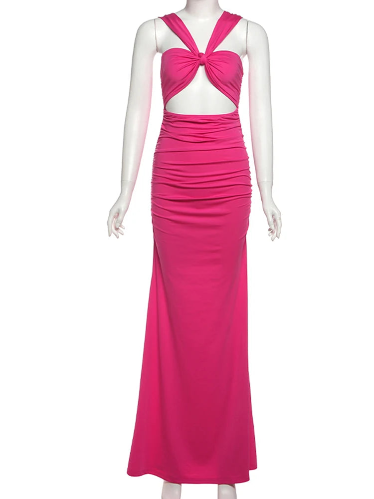 Weird Puss Sexy Hollow Maxi Dress Women V-Neck Off Shoulder Ruched Skinny Peach Hip Midnight Fashion Prom Party Elegant Vestidos