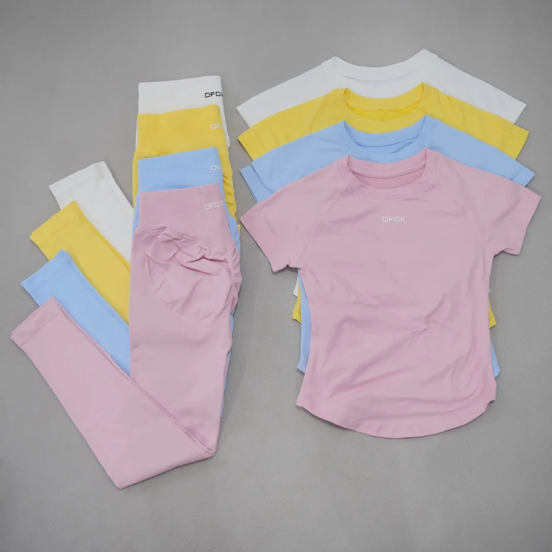 DFDK Ladies Seamless 2Pcs Yoga Set Short Sleeve Slim Top High Waist Leggings Quick Dry Breathable Gym Running Fitness Outfit