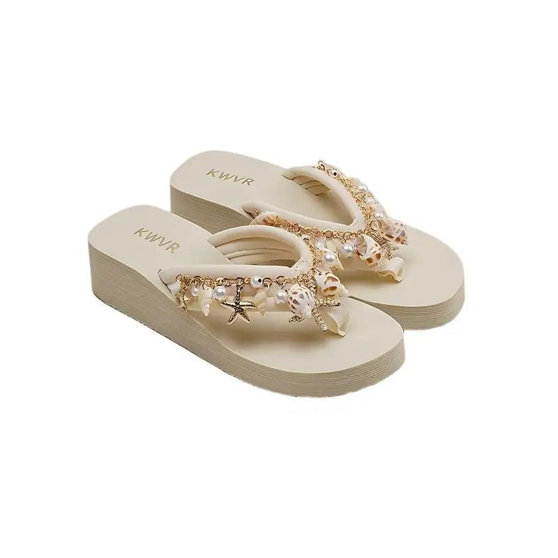 Adult 4cm Sponge Cake Thick Sole Flip Flops Summer 2026 Women's Versatile Conch Anti-slip Sandals Shiny Diamonds Beach Shoes