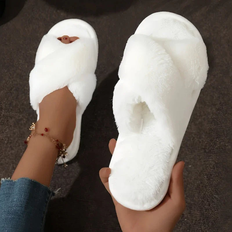 Autumn New Fashion Cross Strap Fur Slippers Women Indoor Light Warm Plush Home Slippers Woman Faux Fur Flat Heel Couple Slides