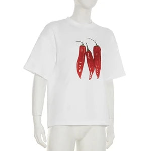 STYLISH LADY Chili Printed T Shirts 2025 Summer Women Short Sleeve O Neck Casual Loose White Streetwear Tops Tees