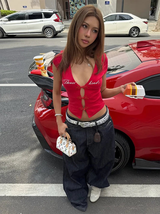 Weird Puss Sexy Letter Print T-Shirt Women Hollow Cheongsam Button V Neck Midnight Hottie Versatile Street Skinny Crop Tops