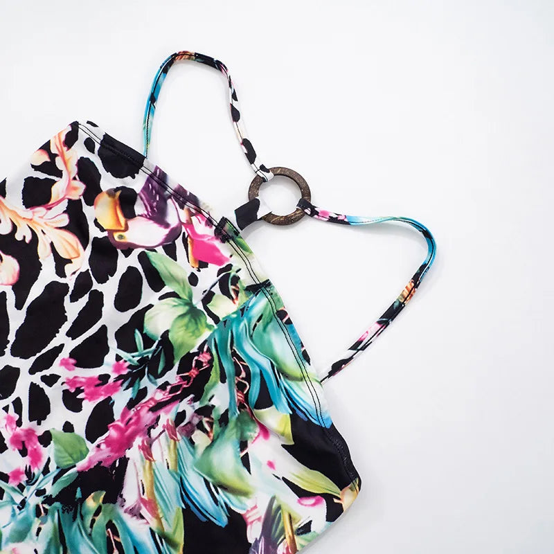 Sexy Nightclub Party Bikini Set with Irregular Round Buckle Printed Backless Short Tight Spring Summer Women's Lingerie Swimwear