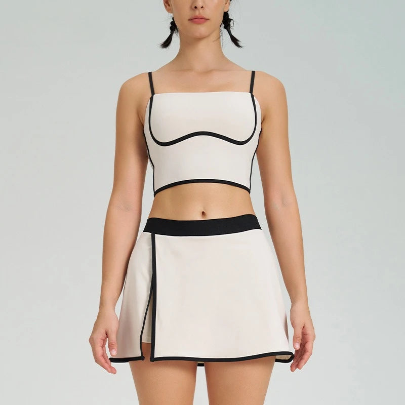 HLJ&GG Fashion High Quality Stretch Sporty Skirts Shorts Two Piece Sets Women Spaghetti Strap Slim Crop Top+Mini Skirts Outfits