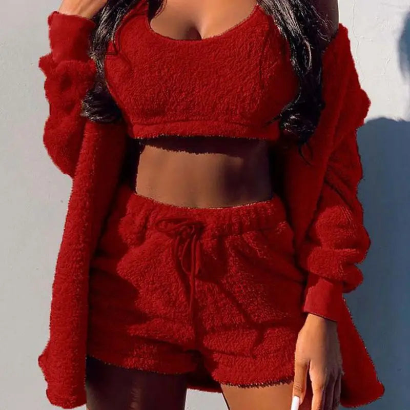 Fluffy Pajamas Set for Women Casual Sleepwear Tank Top and Shorts Plus Size Hoodie Leisure Homsuit Winter Teddy 3 Pieces Pijamas