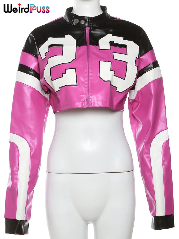 Weird Puss Faux Leather Varsity Jacket Women Hipster Letter Print Autumn Casual Sporty Wild Streetwear Uniform Trend Crop Coat