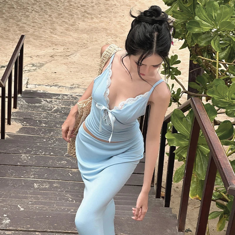 Y2k Matching Suit Women’s 2 Piece Summer Outfits Lace Trim Sleeveless Tie Front Cami Crop Tops and Long Maxi Skirt Set Beachwear