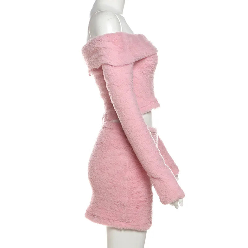HLJ&GG Fashion Off Shoulder Fur Mini Skirts Two Piece Sets Women Long Sleeve Backless Slim Crop Top And Skirts Outfit Streetwear