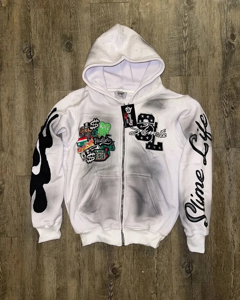 Harajuku Trend Brand Casual Loose Oversized Zipper Hoodie Men Y2k Gothic Retro Letter Flame Embroidered Sweatshirt Jacket Women