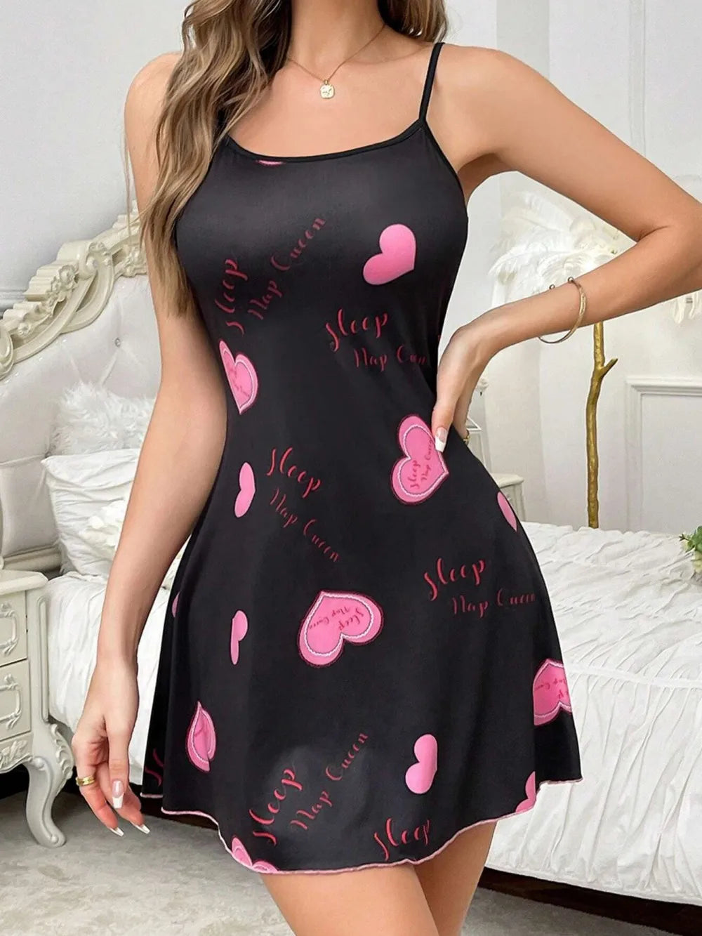 Women Sleepwear Valentine's Day Heart Love Printed Slip Black Nightdress Straps Mini Sleep Dress Nighties Nightgown Loungewear