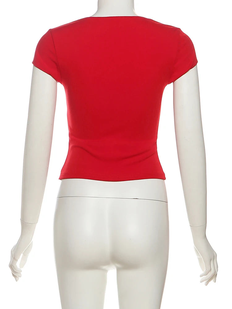 Weird Puss Sexy Letter Print T-Shirt Women Hollow Cheongsam Button V Neck Midnight Hottie Versatile Street Skinny Crop Tops