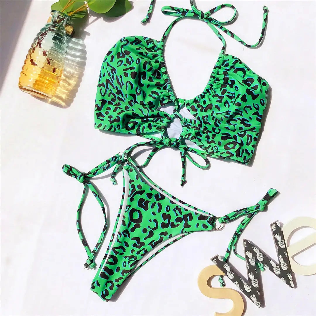 Sexy High Cut Leopard Bikini Women Swimwear Female Swimsuit Two-pieces Bikini set Lace Up Bather Bathing Suit Swim V1708