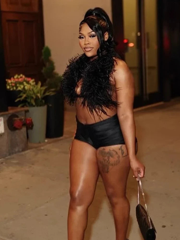 Weird Puss Sexy Hipster 2 Piece Set Women Y2K Summer Luxury Furs Tank Tops+Tight Stretch Shorts Midnight Clubwear Party Suits