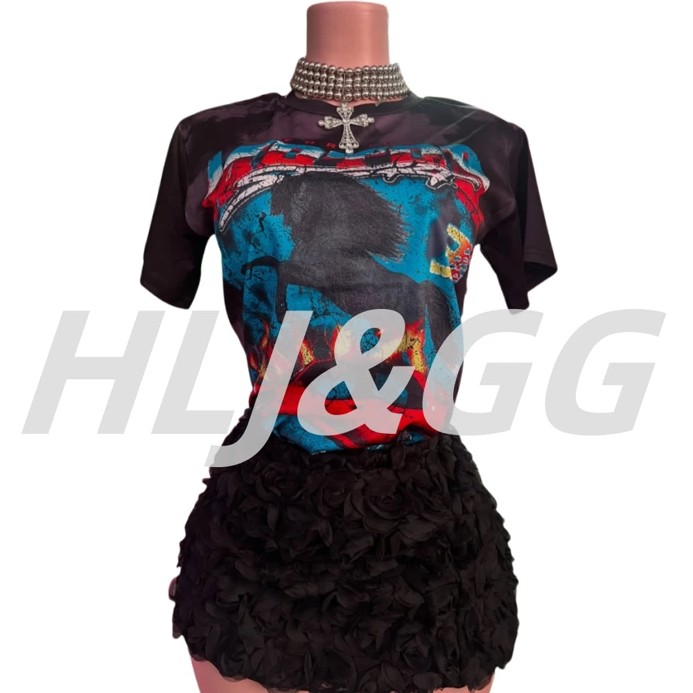 HLJ&GG Fashion Pattern Print Loose Tshirts Two Piece Sets Women O Neck Short Sleeve Top + Fur Mini Skirts Outfits Y2K Streetwear