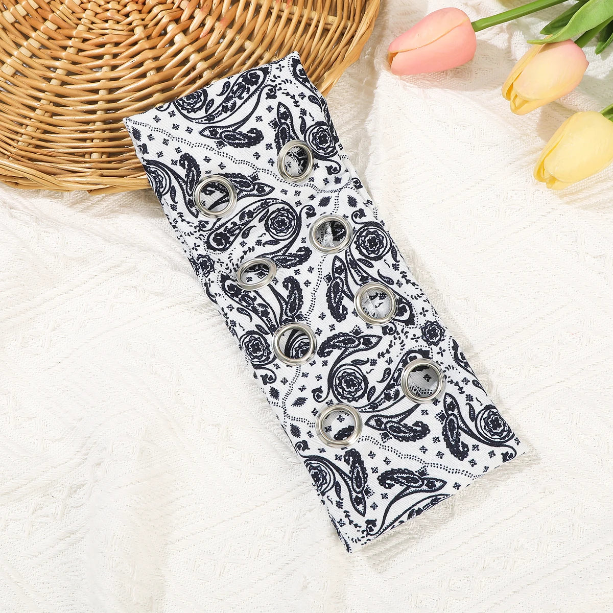 AWAYTR Punk Girl Fabric Hollow Elastic Headbands Metal Rock Personalized Hollow Eyelets Hair Band Casual Sports Grommet Headband