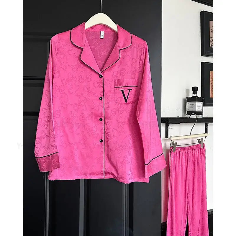 Hot Pink Bow Print Top&pant Loose Homewear Lady Casual 2Pcs Outfit Pijama Mujer Ice Silk Sleepwear Spring Autumn New Pyjamas