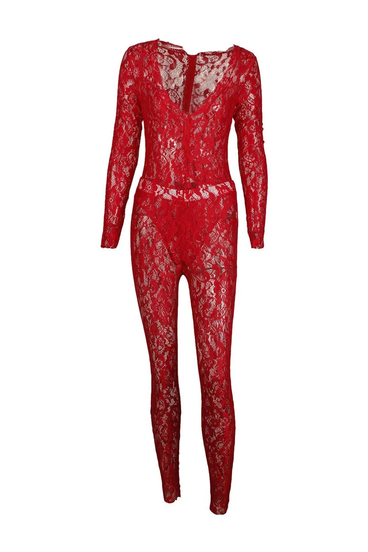 STYLISH LADY See Through Lace 2 Piece Set Women Long Sleeve Bodysuits and Skinny Pant Suits 2025 Summer Sexy Hollow Out Outfits