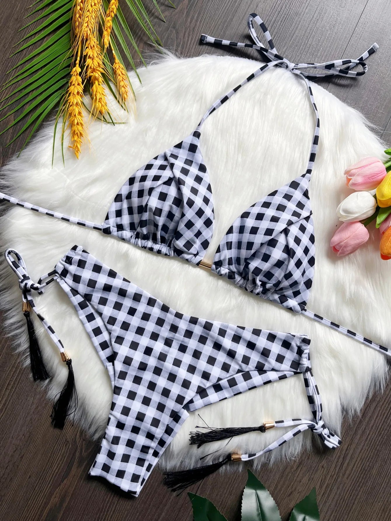 RUOTONSEPT Sexy Lattice Print Bandage Bikini Set Women's Swimsuit Two-piece Triangle Swimwear Bathing Suit Brazilian Biquini New