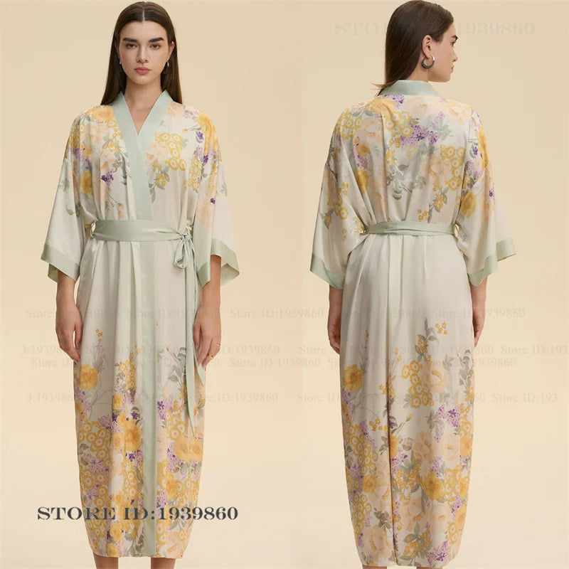 Plus Size Print Flower Long Robe Kimono Gown New Female Sleepwear Bathrobe Home Dress Loose Silky Satin Night Clothes Loungewear