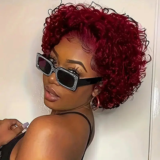 99j Red Short Curly Wigs Pixie Cut Lace Front Wigs 6 inch Human Hair 13X1 Pixie Burgundy Human Hair Wigs For Women Pixie Wig