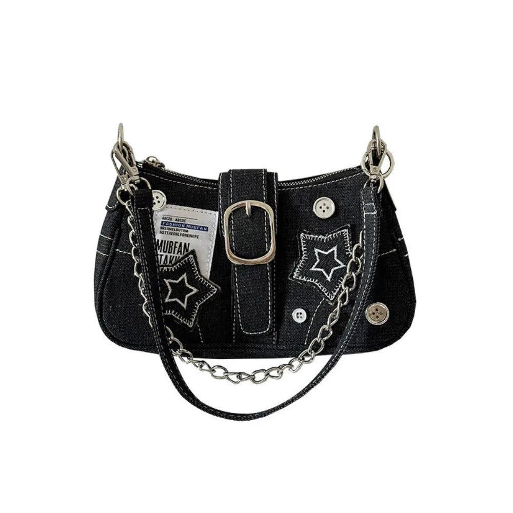 Y2K Canvas Chain Shoulder Bag jeans Stars Pattern Underarm Bag Women's Handbag for Woman Girls
