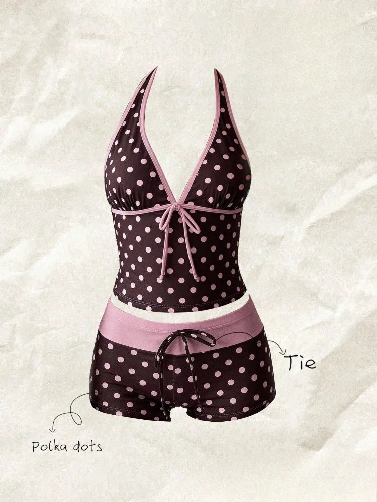 Women Swimwears Polka Dot 2-Piece Tankini Set Halter V Neck Front Tie Cami Top & Contrast Waistband Drawstring Swim Shorts