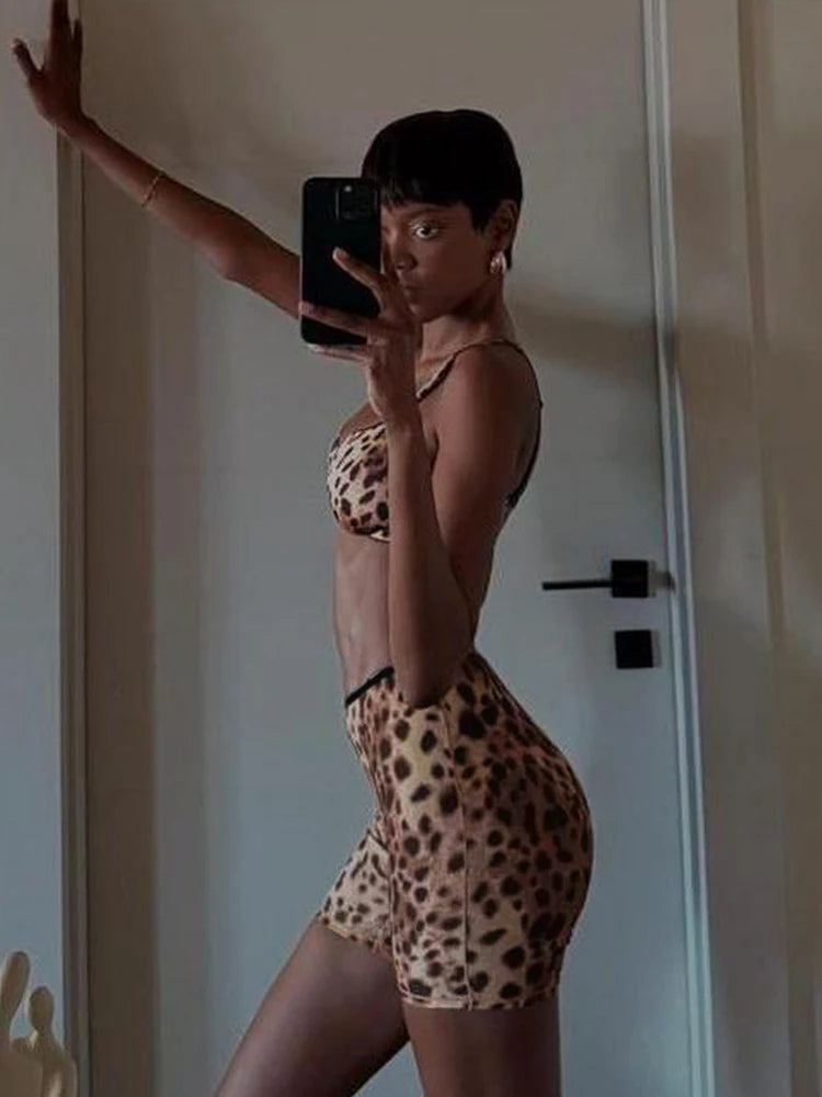 Weird Puss Tracksuit Women 2Piece Set Leopard Print Sexy Sporty Low-Neck Tank Tops+Bike Shorts Stretch Tight Matching Streetwear