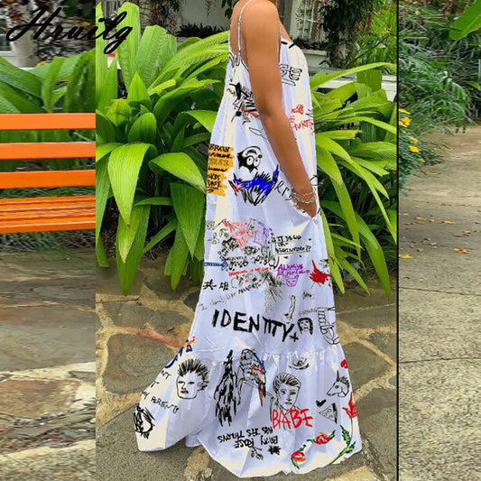 Sexy Summer Dress Women Print Spaghetti Strap Sleeveless Maxi Dress Fashion Pocket Loose Slip Dress Sukienki Letnie