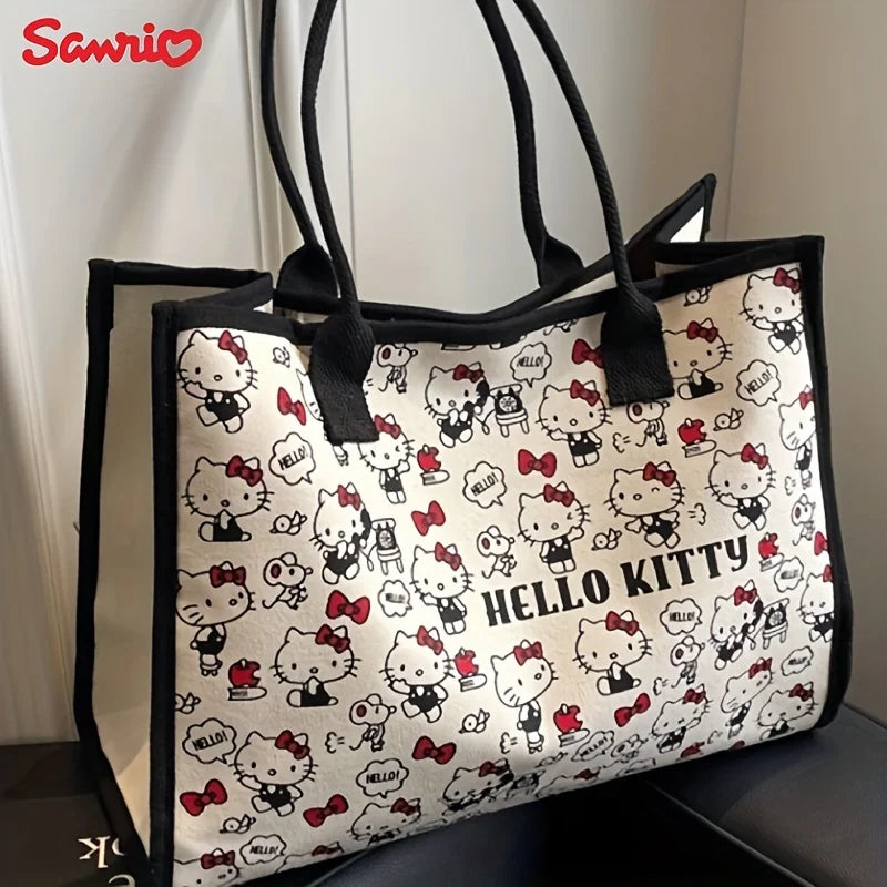 MINISO Sanrio Hello Kitty Canvas Handbag Large Capacity Zipper Shoulder Bag Lightweight Cute Fashion Weaving Tote Bag