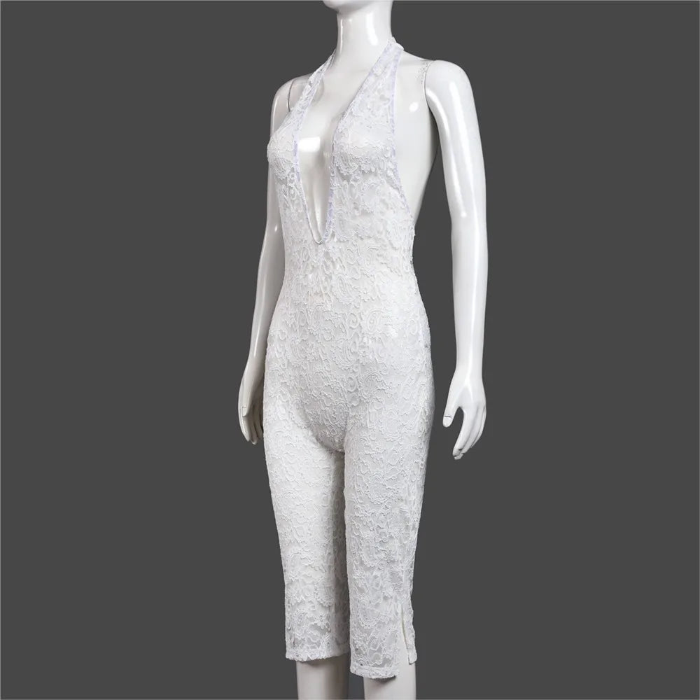Fashionable Lace Jumpsuit Summer Slim Fit Women's Sexy Deep V Backless Straps Sleeveless Halterneck Jumpsuit Комбинезон Женский