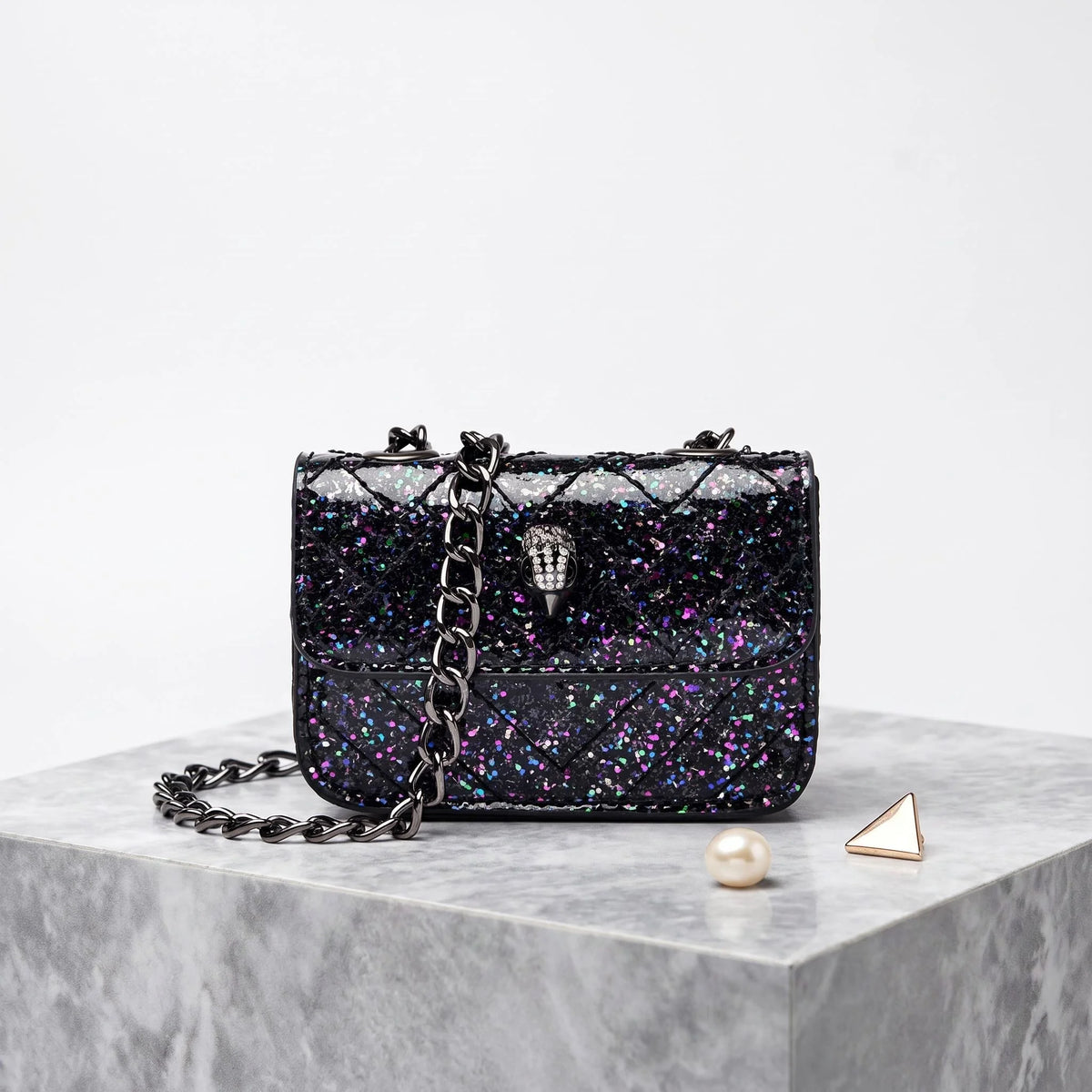 Multicolor Glitter Sequins V Diamond Quilted Mini Square Bag Ladies Eagle Head Lock Gold Metal Chain Crossbody Shoulder Handbag