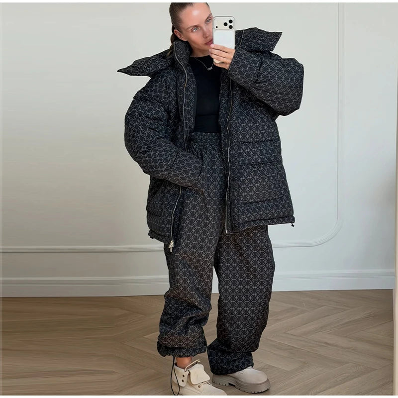 Women Leopard Print 2‑Piece Outfit Hooded Puffer Coat Wide Leg Pants Set Loose Warm Winter Street  Ladies Matching Outfit Suit