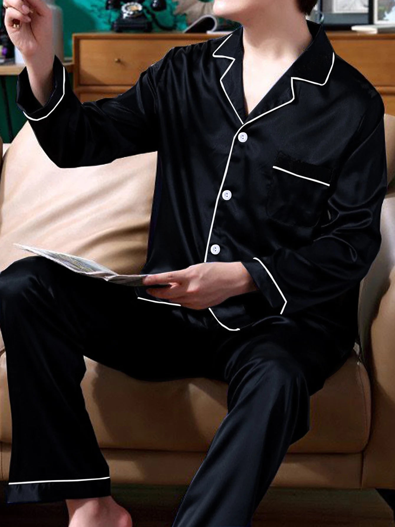 Two piece sets men's pajamas autumn and winter silk satin long sleeved pants casual simple solid color sleepwear set
